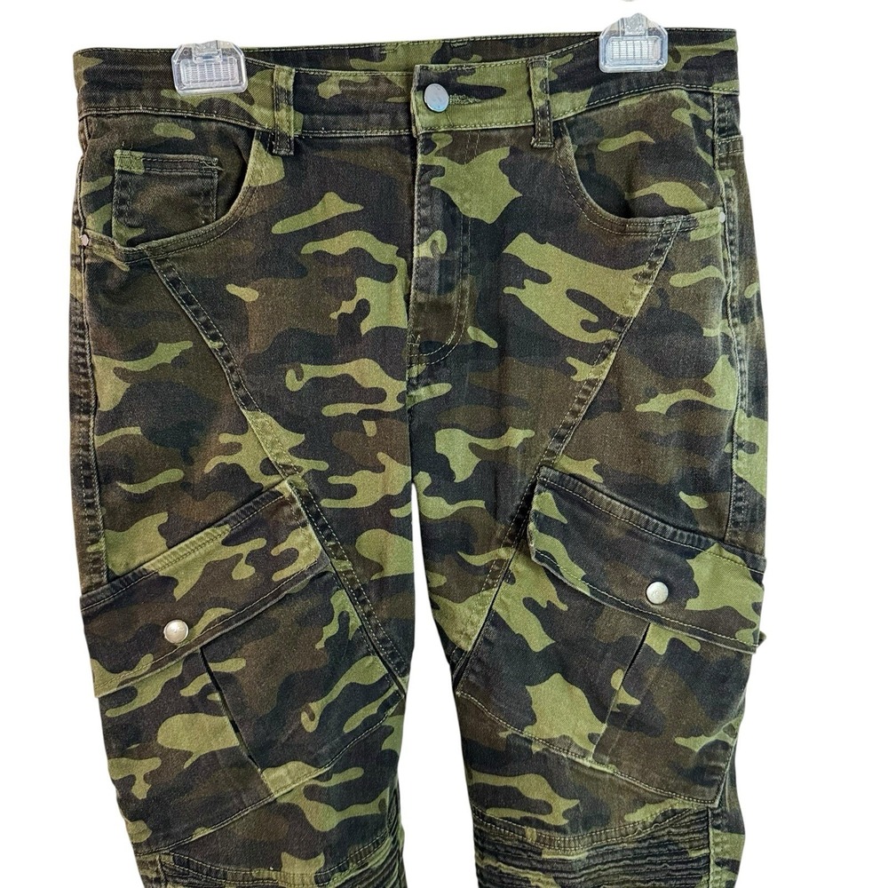 Camo Jeans Womens 34 Army Green Mid-Rise Pockets Motorcycle Skinny